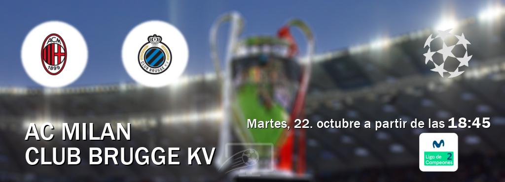 El partido entre AC Milan y Club Brugge KV será retransmitido por Movistar Liga de Campeones 2 (martes, 22. octubre a partir de las  18:45).