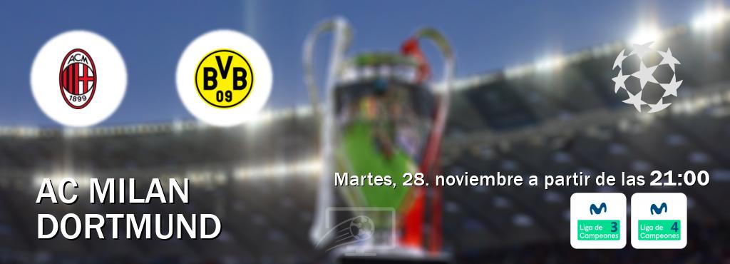 El partido entre AC Milan y Dortmund será retransmitido por Movistar Liga de Campeones 3 y Movistar Liga de Campeones 4 (martes, 28. noviembre a partir de las  21:00).