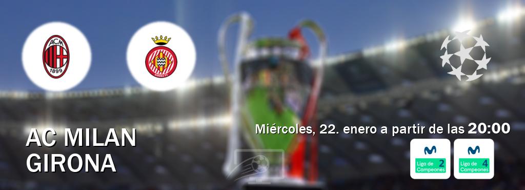 El partido entre AC Milan y Girona será retransmitido por Movistar Liga de Campeones 2 y Movistar Liga de Campeones 4 (miércoles, 22. enero a partir de las  20:00).