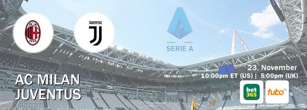 You can watch game live between AC Milan and Juventus on bet365(UK) and fuboTV(US).