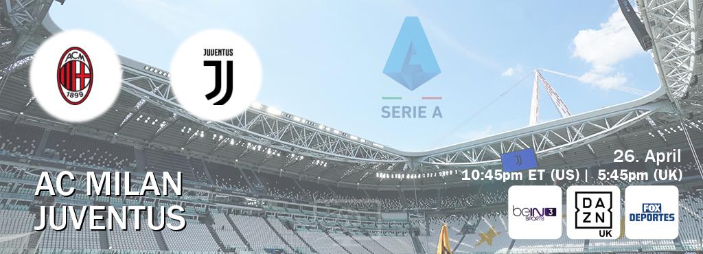 You can watch game live between AC Milan and Juventus on beIN SPORTS 3(AU), DAZN UK(UK), Fox Deportes(US).