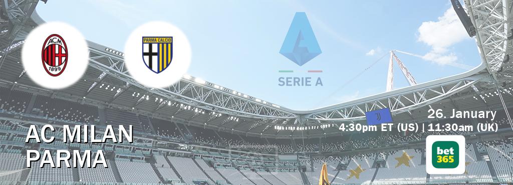 You can watch game live between AC Milan and Parma on bet365(UK).