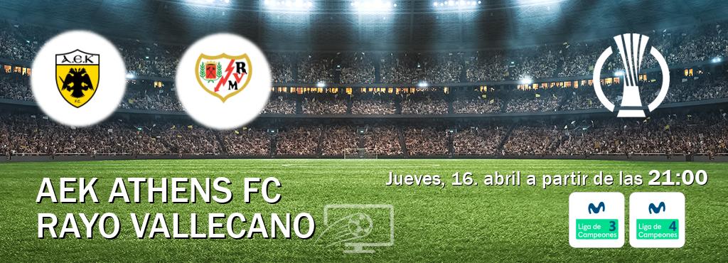 El partido entre AEK Athens FC y Rayo Vallecano será retransmitido por Movistar Liga de Campeones 3 y Movistar Liga de Campeones 4 (jueves, 16. abril a partir de las  21:00).