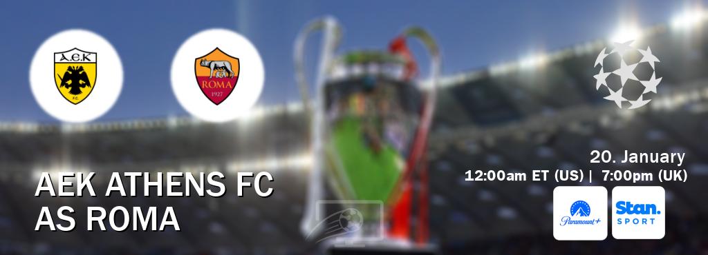 You can watch game live between AEK Athens FC and AS Roma on Paramount+(US) and Stan Sport(AU). You can watch game live between AEK Athens FC and AS Roma on Paramount+(US) and Stan Sport(AU).