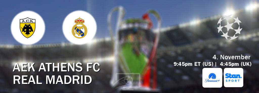 You can watch game live between AEK Athens FC and Real Madrid on Paramount+(US) and Stan Sport(AU). You can watch game live between AEK Athens FC and Real Madrid on Paramount+(US) and Stan Sport(AU).