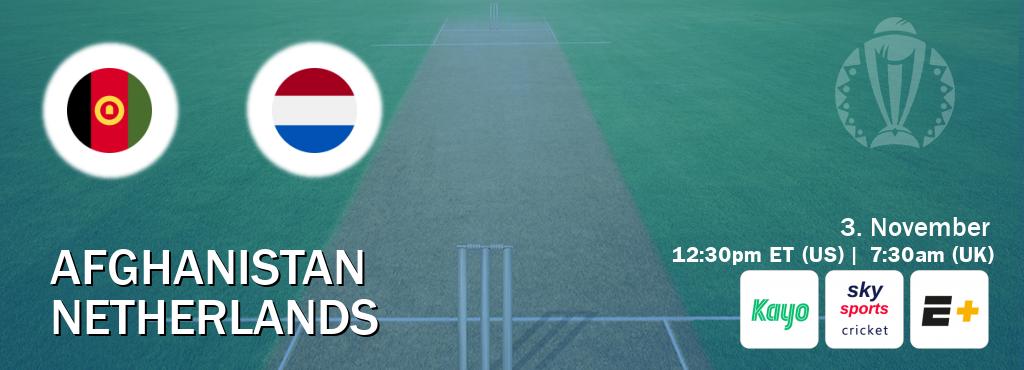 You can watch game live between Afghanistan and Netherlands on Kayo Sports(AU), Sky Sports Cricket(UK), ESPN+(US).