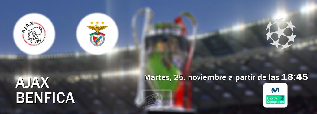 El partido entre Ajax y Benfica será retransmitido por Movistar Liga de Campeones 2 (martes, 25. noviembre a partir de las 18:45). El partido entre Ajax y Benfica será retransmitido por Movistar Liga de Campeones 2 (martes, 25. noviembre a partir de las 18:45).