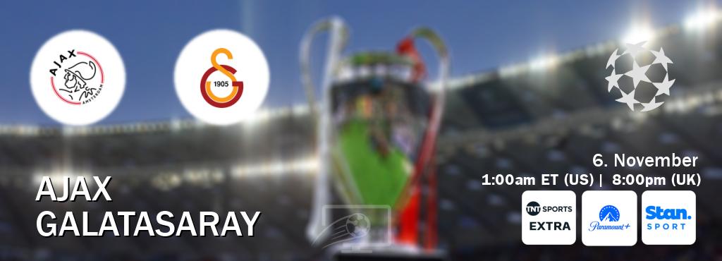 You can watch game live between Ajax and Galatasaray on TNT Sports Extra(UK), Paramount+(US), Stan Sport(AU). You can watch game live between Ajax and Galatasaray on TNT Sports Extra(UK), Paramount+(US), Stan Sport(AU).