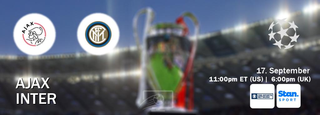 You can watch game live between Ajax and Inter on CBS Sports Network(US) and Stan Sport(AU). You can watch game live between Ajax and Inter on CBS Sports Network(US) and Stan Sport(AU).