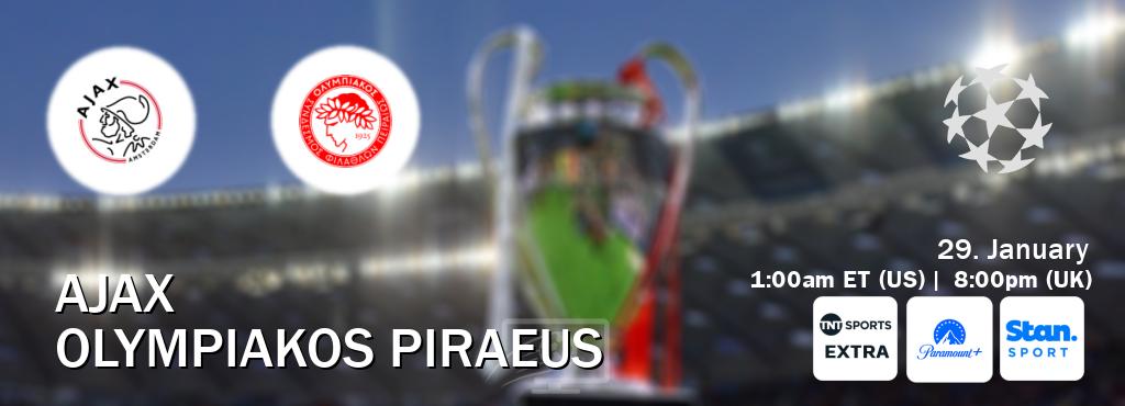 You can watch game live between Ajax and Olympiakos Piraeus on TNT Sports Extra(UK), Paramount+(US), Stan Sport(AU). You can watch game live between Ajax and Olympiakos Piraeus on TNT Sports Extra(UK), Paramount+(US), Stan Sport(AU).