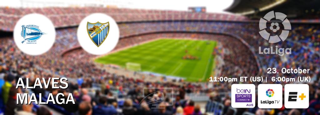 You can watch game live between Alaves and Malaga on beIN Sports Connect(AU), LaLiga TV(UK), ESPN+(US). You can watch game live between Alaves and Malaga on beIN Sports Connect(AU), LaLiga TV(UK), ESPN+(US).