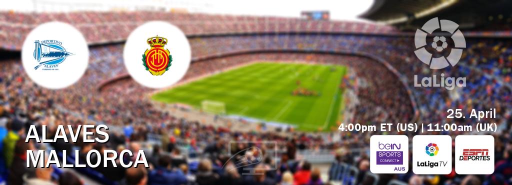 You can watch game live between Alaves and Mallorca on beIN Sports Connect(AU), LaLiga TV(UK), ESPN Deportes(US).