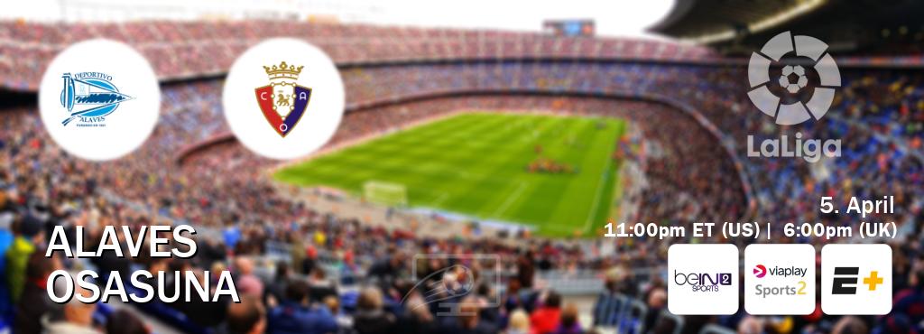 You can watch game live between Alaves and Osasuna on beIN SPORTS 2(AU), Viaplay Sports 2(UK), ESPN+(US). You can watch game live between Alaves and Osasuna on beIN SPORTS 2(AU), Viaplay Sports 2(UK), ESPN+(US).