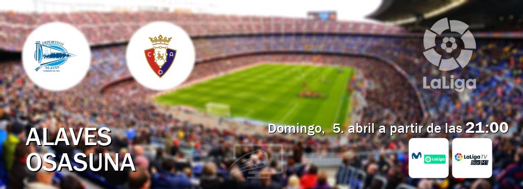 El partido entre Alaves y Osasuna será retransmitido por M. LaLiga y La Liga TV Bar M1 (domingo,  5. abril a partir de las  21:00).