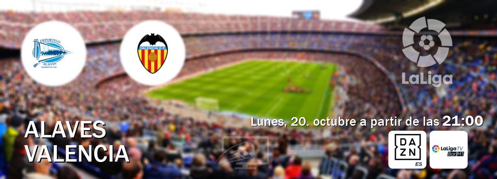 El partido entre Alaves y Valencia será retransmitido por DAZN España y La Liga TV Bar M1 (lunes, 20. octubre a partir de las  21:00).