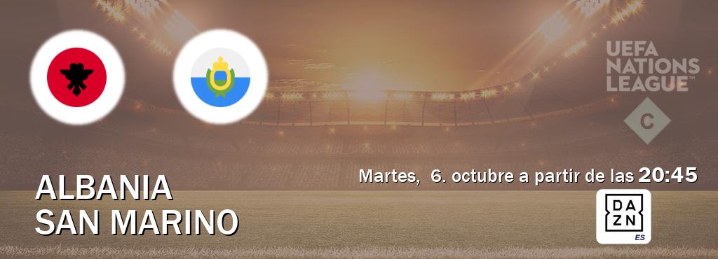 El partido entre Albania y San Marino será retransmitido por DAZN España (martes,  6. octubre a partir de las  20:45).