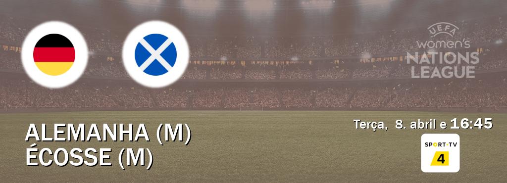 Jogo entre Alemanha (M) e Écosse (M) tem emissão Sport TV 4 (terça, 8. abril e 16:45). Jogo entre Alemanha (M) e Écosse (M) tem emissão Sport TV 4 (terça, 8. abril e 16:45).
