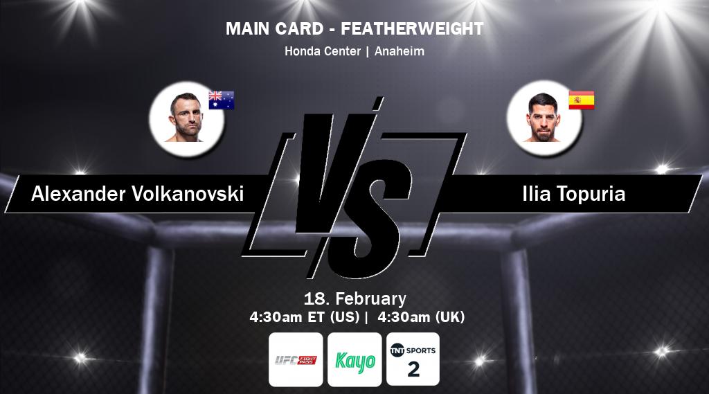 Figth between Alexander Volkanovski and Ilia Topuria will be shown live on UFC Fight Pass, Kayo Sports(AU), TNT Sports 2(UK).