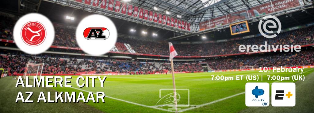 You can watch game live between Almere City and AZ Alkmaar on Mola TV UK(UK) and ESPN+(US).