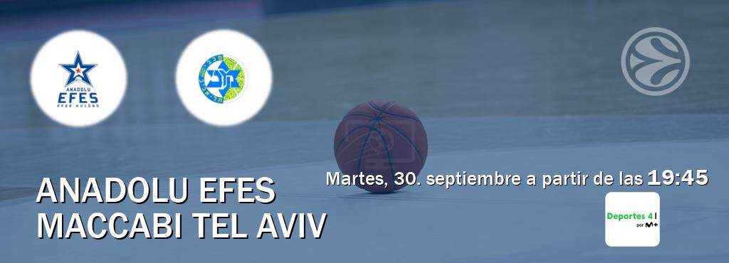 El partido entre Anadolu Efes y Maccabi Tel Aviv será retransmitido por Movistar Deportes 4 (martes, 30. septiembre a partir de las 19:45). El partido entre Anadolu Efes y Maccabi Tel Aviv será retransmitido por Movistar Deportes 4 (martes, 30. septiembre a partir de las 19:45).