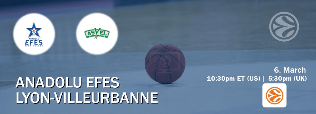 You can watch game live between Anadolu Efes and Lyon-Villeurbanne on EuroLeague TV. You can watch game live between Anadolu Efes and Lyon-Villeurbanne on EuroLeague TV.