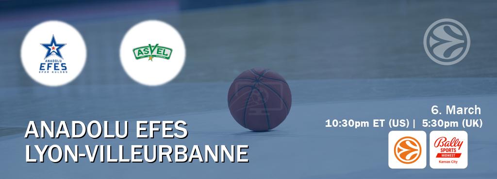 You can watch game live between Anadolu Efes and Lyon-Villeurbanne on EuroLeague TV and Bally Sports Kansas City(US). You can watch game live between Anadolu Efes and Lyon-Villeurbanne on EuroLeague TV and Bally Sports Kansas City(US).