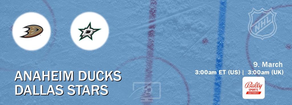 You can watch game live between Anaheim Ducks and Dallas Stars on Bally Sports Southwest(US).