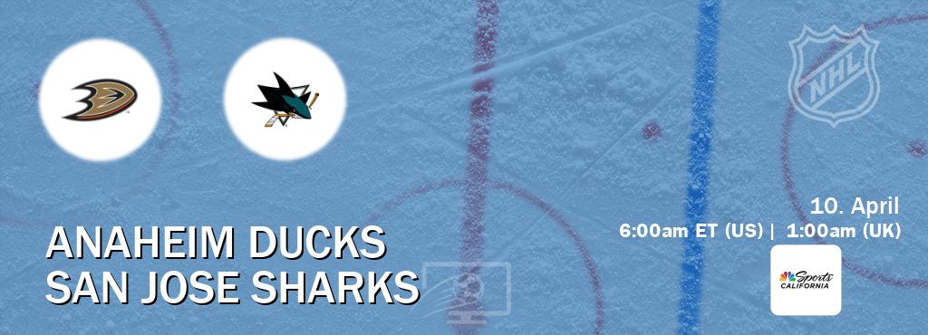 You can watch game live between Anaheim Ducks and San Jose Sharks on NBCS California(US).