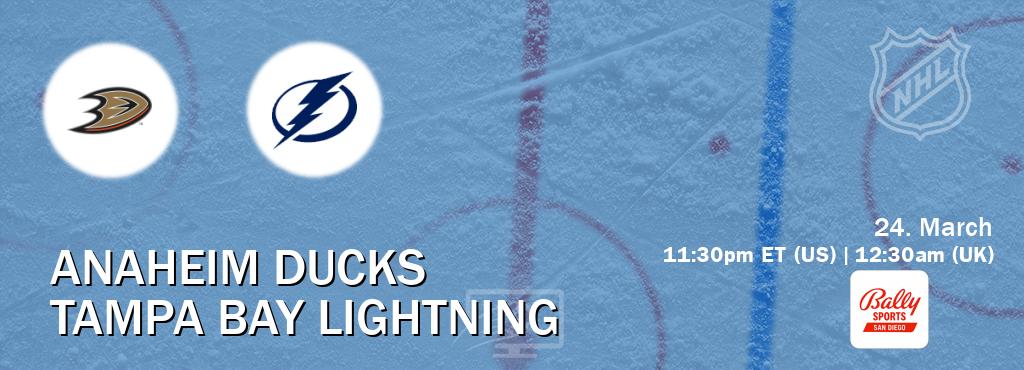 You can watch game live between Anaheim Ducks and Tampa Bay Lightning on Bally Sports San Diego(US).