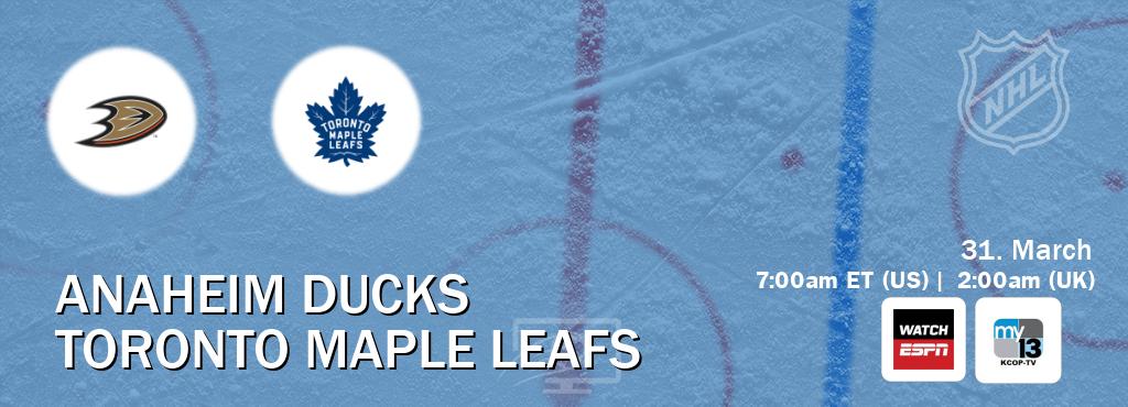 You can watch game live between Anaheim Ducks and Toronto Maple Leafs on WatchESPN(AU) and KCOP-TV(US).