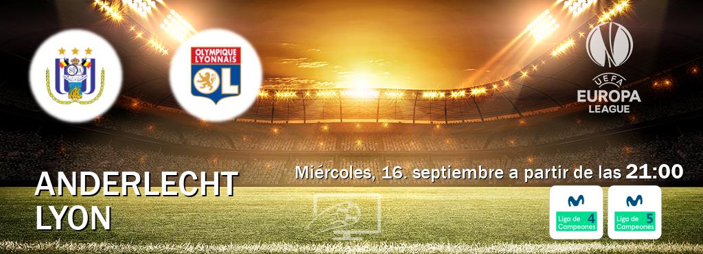 El partido entre Anderlecht y Lyon será retransmitido por Movistar Liga de Campeones 4 y Movistar Liga de Campeones 5 (miércoles, 16. septiembre a partir de las 21:00). El partido entre Anderlecht y Lyon será retransmitido por Movistar Liga de Campeones 4 y Movistar Liga de Campeones 5 (miércoles, 16. septiembre a partir de las 21:00).
