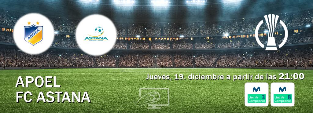 El partido entre APOEL y FC Astana será retransmitido por Movistar Liga de Campeones 3 y Movistar Liga de Campeones 8 (jueves, 19. diciembre a partir de las  21:00).