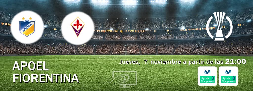 El partido entre APOEL y Fiorentina será retransmitido por Movistar Liga de Campeones 3 y Movistar Liga de Campeones 8 (jueves,  7. noviembre a partir de las  21:00).