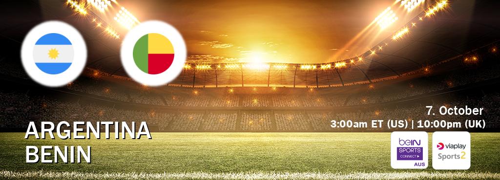 You can watch game live between Argentina and Benin on beIN Sports Connect(AU) and Viaplay Sports 2(UK). You can watch game live between Argentina and Benin on beIN Sports Connect(AU) and Viaplay Sports 2(UK).