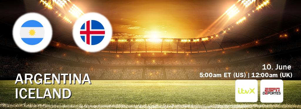 You can watch game live between Argentina and Iceland on ITVX(UK) and ESPN Deportes(US).