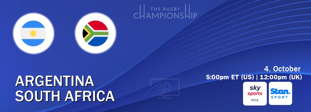 You can watch game live between Argentina and South Africa on Sky Sports Mix(UK) and Stan Sport(AU). You can watch game live between Argentina and South Africa on Sky Sports Mix(UK) and Stan Sport(AU).