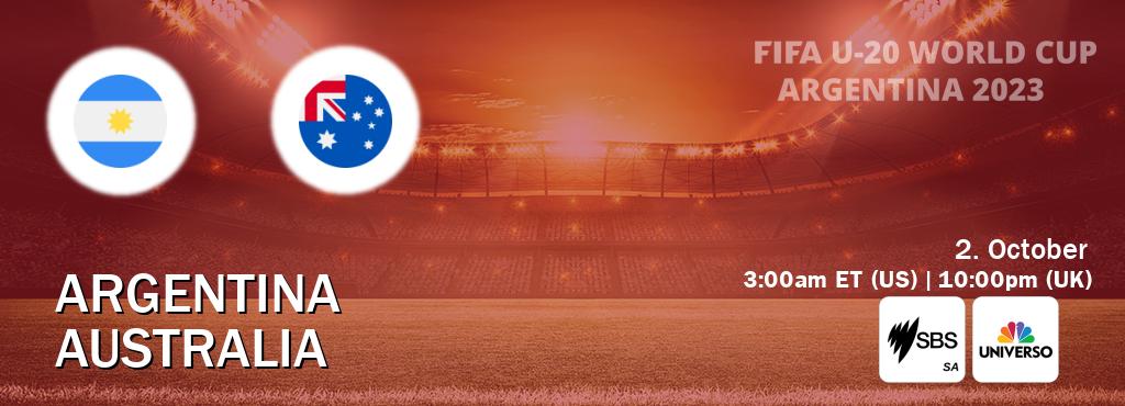 You can watch game live between Argentina U20 and Australia U20 on SBS SA(AU) and UNIVERSO(US).