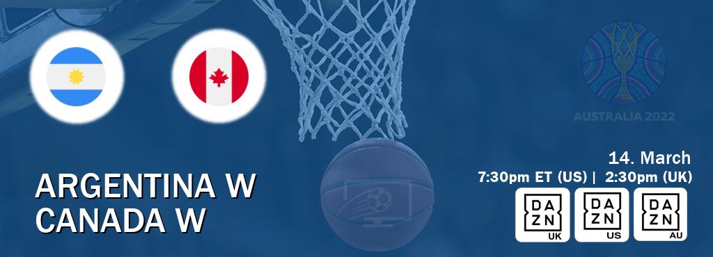 You can watch game live between Argentina W and Canada W on DAZN UK(UK), DAZN(US), DAZN(AU).
