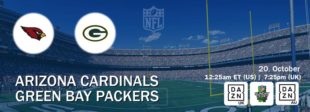 You can watch game live between Arizona Cardinals and Green Bay Packers on DAZN UK(UK), NFL Sunday Ticket(US), DAZN(AU). You can watch game live between Arizona Cardinals and Green Bay Packers on DAZN UK(UK), NFL Sunday Ticket(US), DAZN(AU).