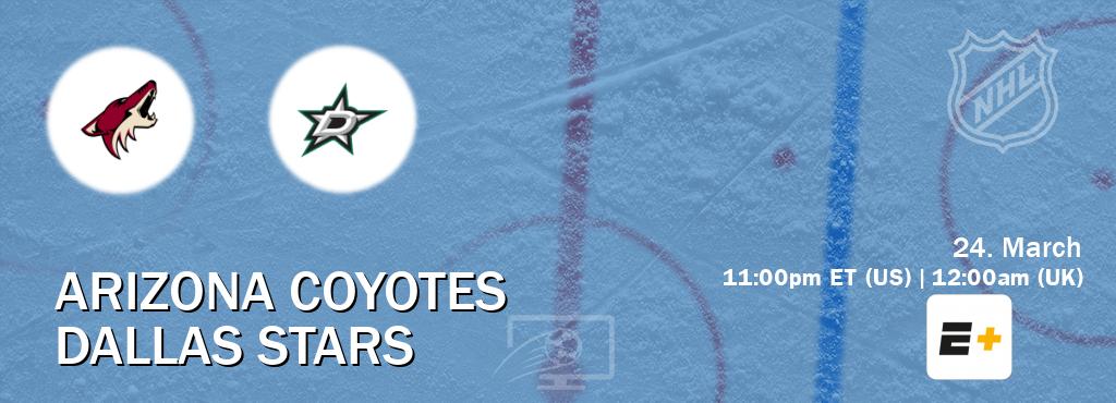 You can watch game live between Arizona Coyotes and Dallas Stars on ESPN+(US).