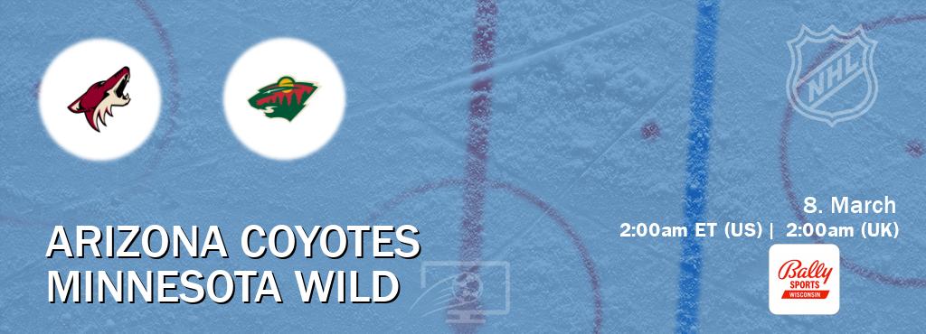 You can watch game live between Arizona Coyotes and Minnesota Wild on Bally Sports Wisconsin(US).