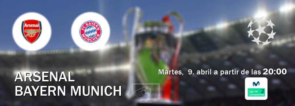 El partido entre Arsenal y Bayern Munich será retransmitido por Movistar Liga de Campeones 2 (martes,  9. abril a partir de las  20:00).