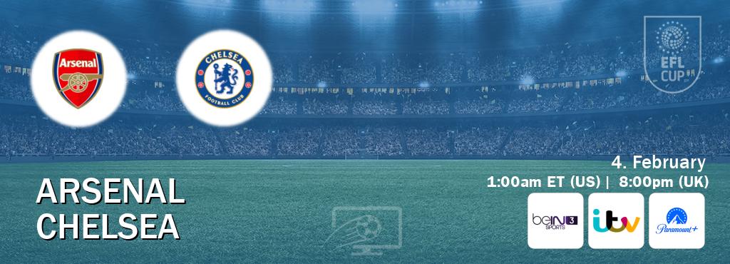 You can watch game live between Arsenal and Chelsea on beIN SPORTS 3(AU), ITV(UK), Paramount+(US). You can watch game live between Arsenal and Chelsea on beIN SPORTS 3(AU), ITV(UK), Paramount+(US).