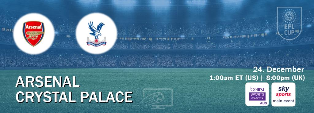 You can watch game live between Arsenal and Crystal Palace on beIN Sports Connect(AU) and Sky Sports Main Event(UK).