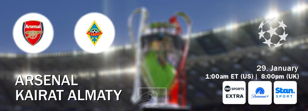 You can watch game live between Arsenal and Kairat Almaty on TNT Sports Extra(UK), Paramount+(US), Stan Sport(AU). You can watch game live between Arsenal and Kairat Almaty on TNT Sports Extra(UK), Paramount+(US), Stan Sport(AU).