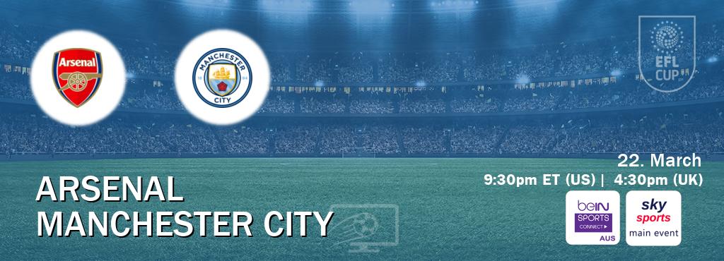 You can watch game live between Arsenal and Manchester City on beIN Sports Connect(AU) and Sky Sports Main Event(UK). You can watch game live between Arsenal and Manchester City on beIN Sports Connect(AU) and Sky Sports Main Event(UK).