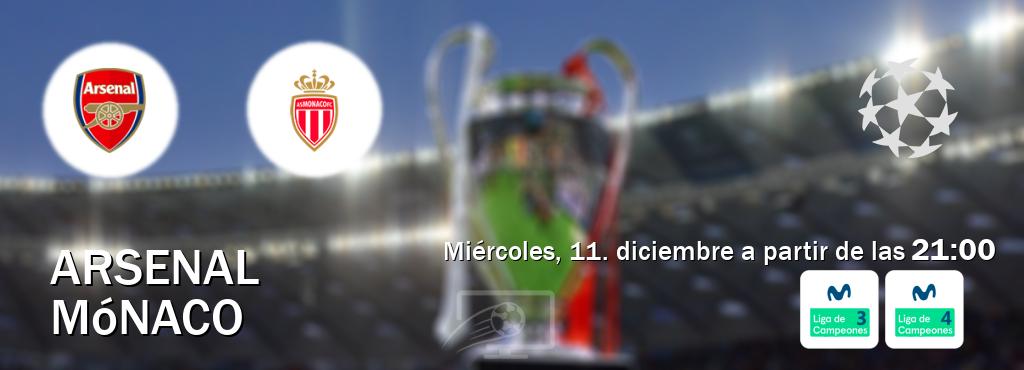 El partido entre Arsenal y Mónaco será retransmitido por Movistar Liga de Campeones 3 y Movistar Liga de Campeones 4 (miércoles, 11. diciembre a partir de las  21:00).