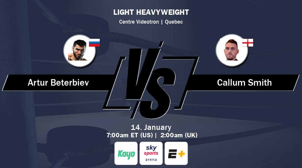 Figth between Artur Beterbiev and Callum Smith will be shown live on Kayo Sports(AU), Sky Sports Arena(UK), ESPN+(US).