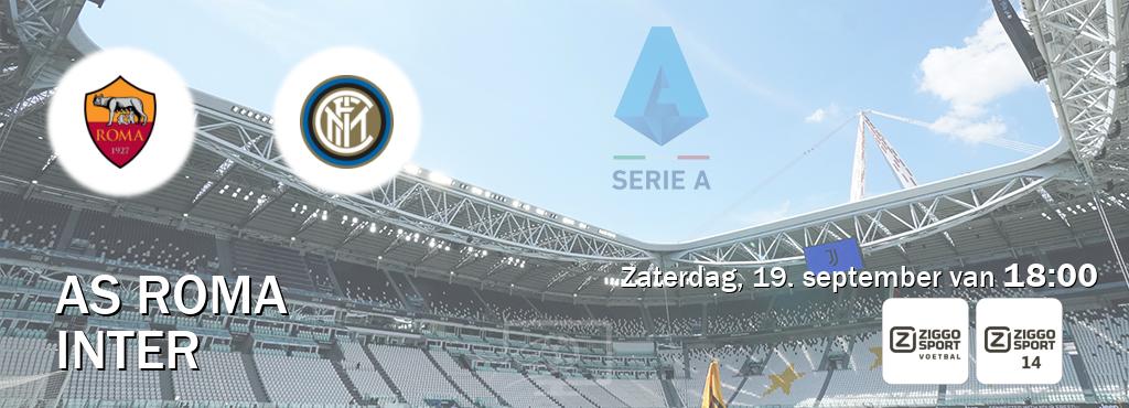 Wedstrijd tussen AS Roma en Inter live op tv bij Ziggo Sport, Ziggo Sport 14 (zaterdag, 19. september van 18:00). Wedstrijd tussen AS Roma en Inter live op tv bij Ziggo Sport, Ziggo Sport 14 (zaterdag, 19. september van 18:00).