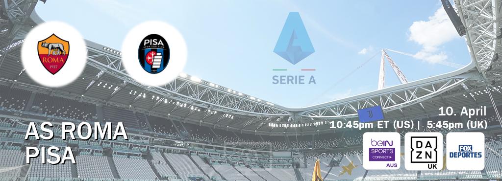 You can watch game live between AS Roma and Pisa on beIN Sports Connect(AU), DAZN UK(UK), Fox Deportes(US).